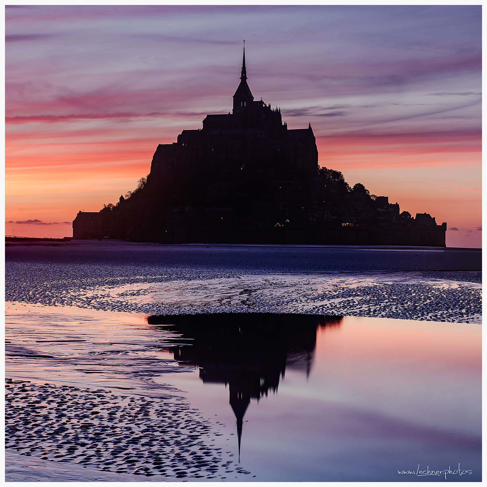 Mont Saint Michael sunset reflection